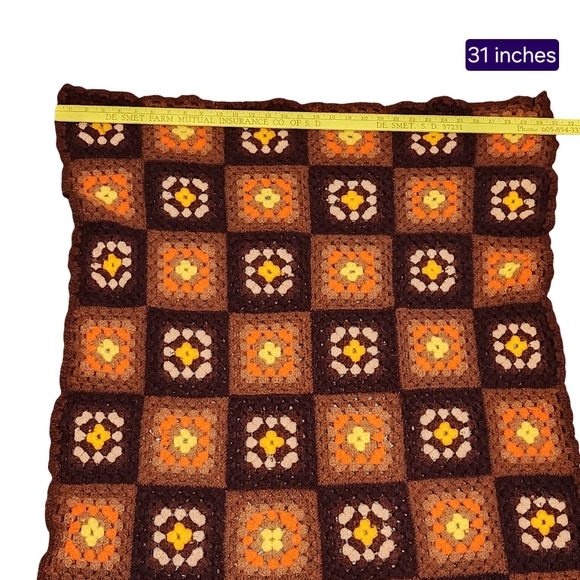 VINTAGE Crochet Afghan Blanket 31x40 Brown Orange 1970s Retro Granny Square - Picture 7 of 9
